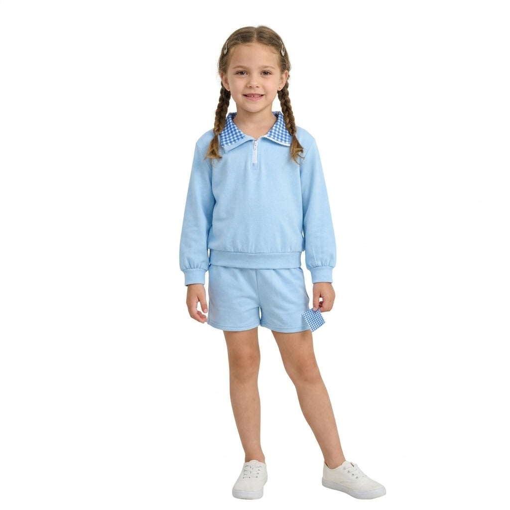 GLS0226 Blue Cotton Half‑Zip Pullover Top Pockets Shorts Girls Clothes Set