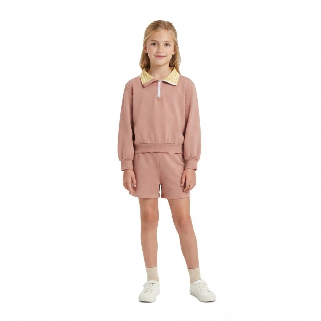 GLS0227 Dusty Pink Half‑Zip Pullover Top Pockets Shorts Girls Clothes Set