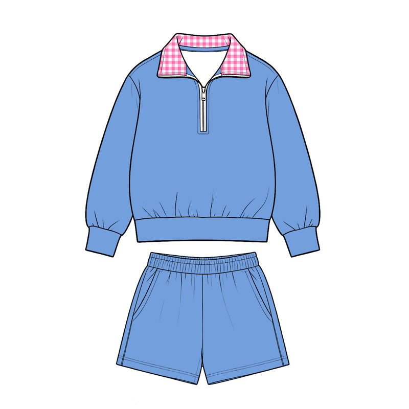 GLS0228 Blue Color Half‑Zip Pullover Top Pockets Shorts Girls Clothes Set