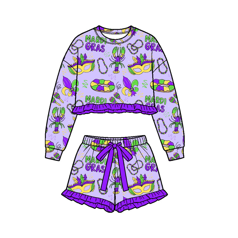 9.8 GLS0241 Preorder Donut Mask Crayfish Long Sleeve Top Ruffle Shorts Girls Mardi Gras Clothes Set