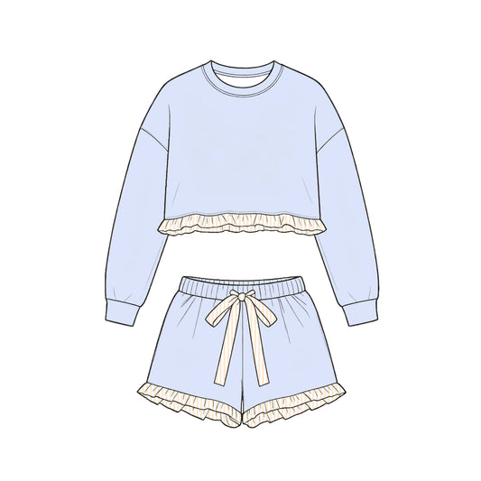 9.10 GLS0250 Preorder Light Blue Long Sleeve Top Orange Ruffle Shorts Girls Clothes Set