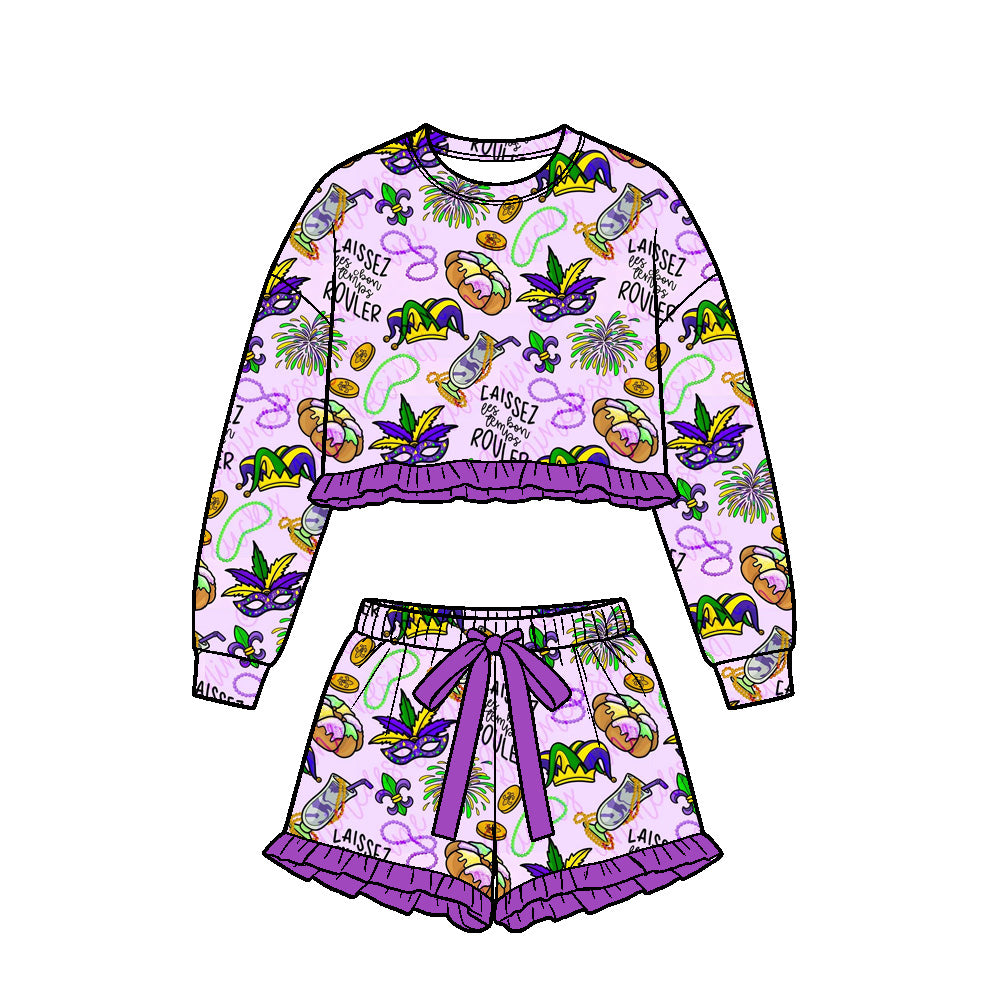 9.15 GLS0252 Preorder Baby Girls Mardi Gras party Long Sleeve Top with Skort Outfit
