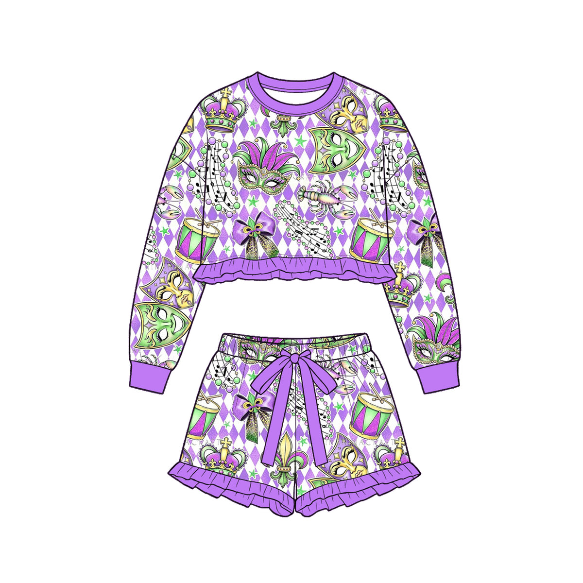 9.15 GLS0254 Preorder Baby Girls Mardi Gras Mask Drum Long Sleeve Top with Skort Outfit