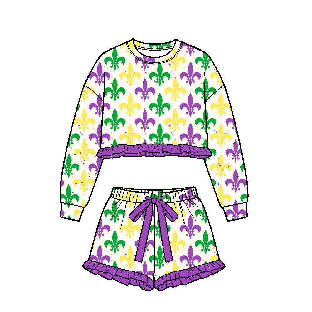 9.15 GLS0257 Preorder Baby Girls Mardi Gras Fleur‑de‑lis Long Sleeve Top with Skort Outfit