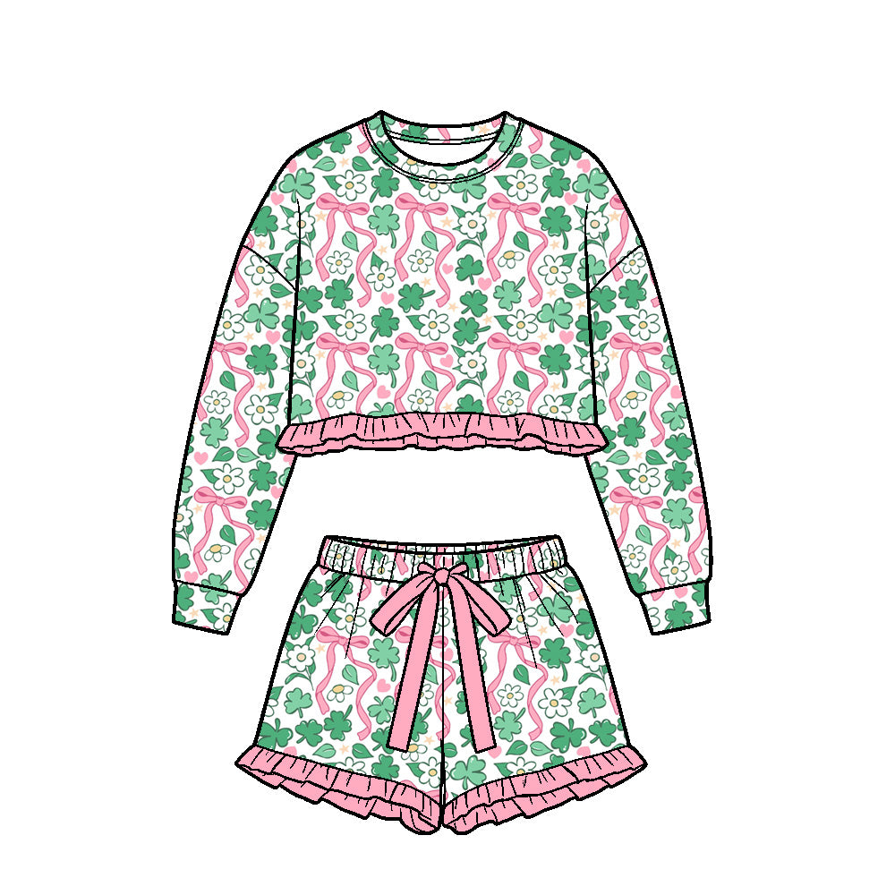 9.15 GLS0262 Preorder 3‑leaf Clovers Bows Flowers Print Long Sleeve Top Shorts Girls St Patrick Day Clothes Set