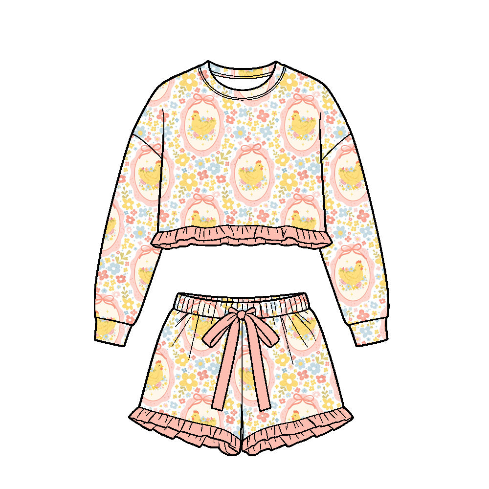 9.25 GLS0266 Preorder Kids Girls Easter Chicken Floral Long Sleeve Top Shorts Outfit
