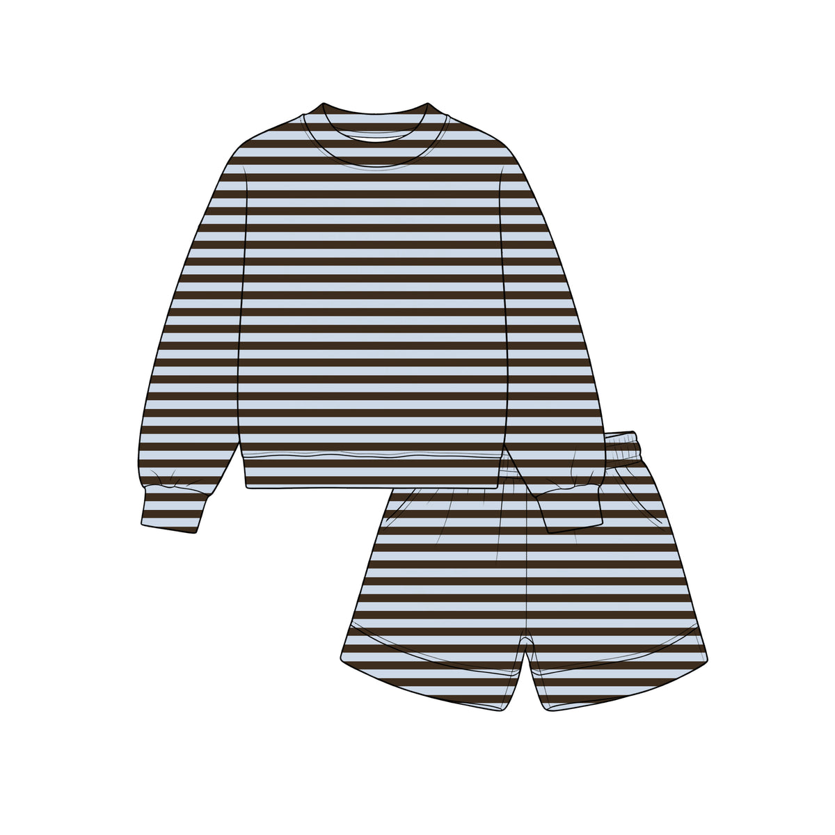 10.29 GLS0273 Preorder Brown & Light Blue Stripes Long Sleeve Top Pockets Shorts Girls Clothes Set