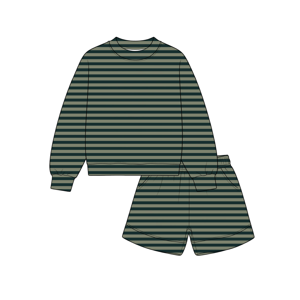 10.29 GLS0275 Preorder Olive & Dark Green Stripes Long Sleeve Top Pockets Shorts Girls Clothes Set