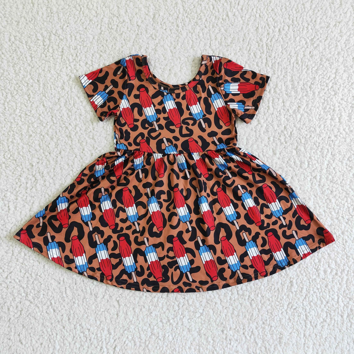 (Promotion)GSD0063 Popsicle Leopard Print Girls 4th of July Short Sleeve Knee Length Dress