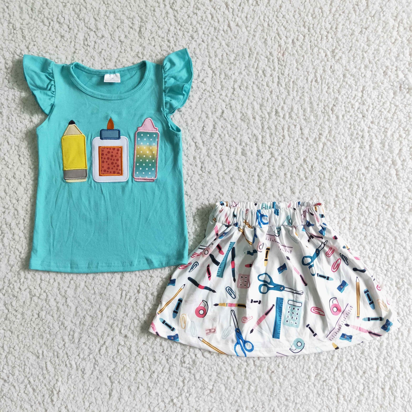 GSD0080 Pen Embroidery Blue Top Ruler Scissors Skirts Girls Back to School Clothes Set