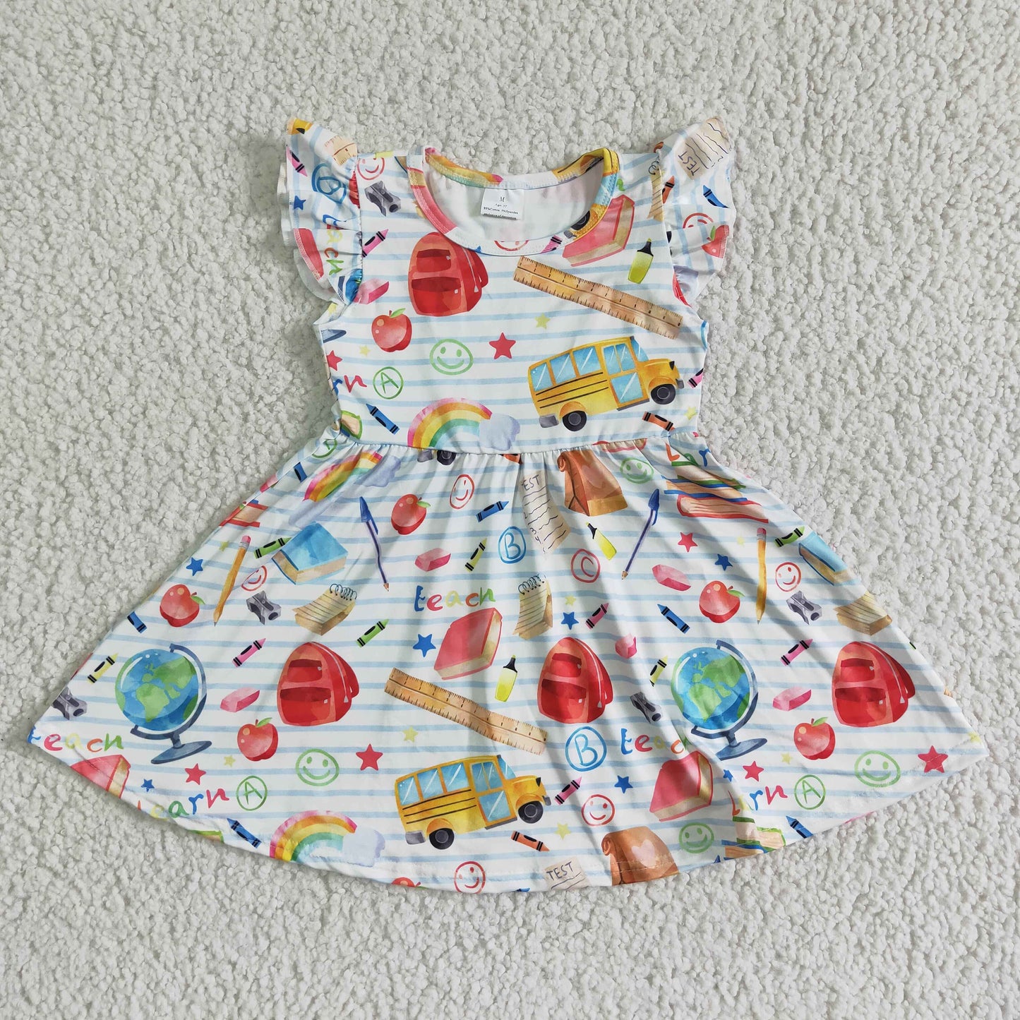 GSD0085 School Bus Book Stripes Girls Back to School Flutter Sleeve Dress