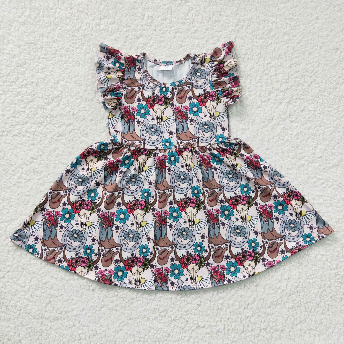 Girls cow skull flowers western print dress GSD0165