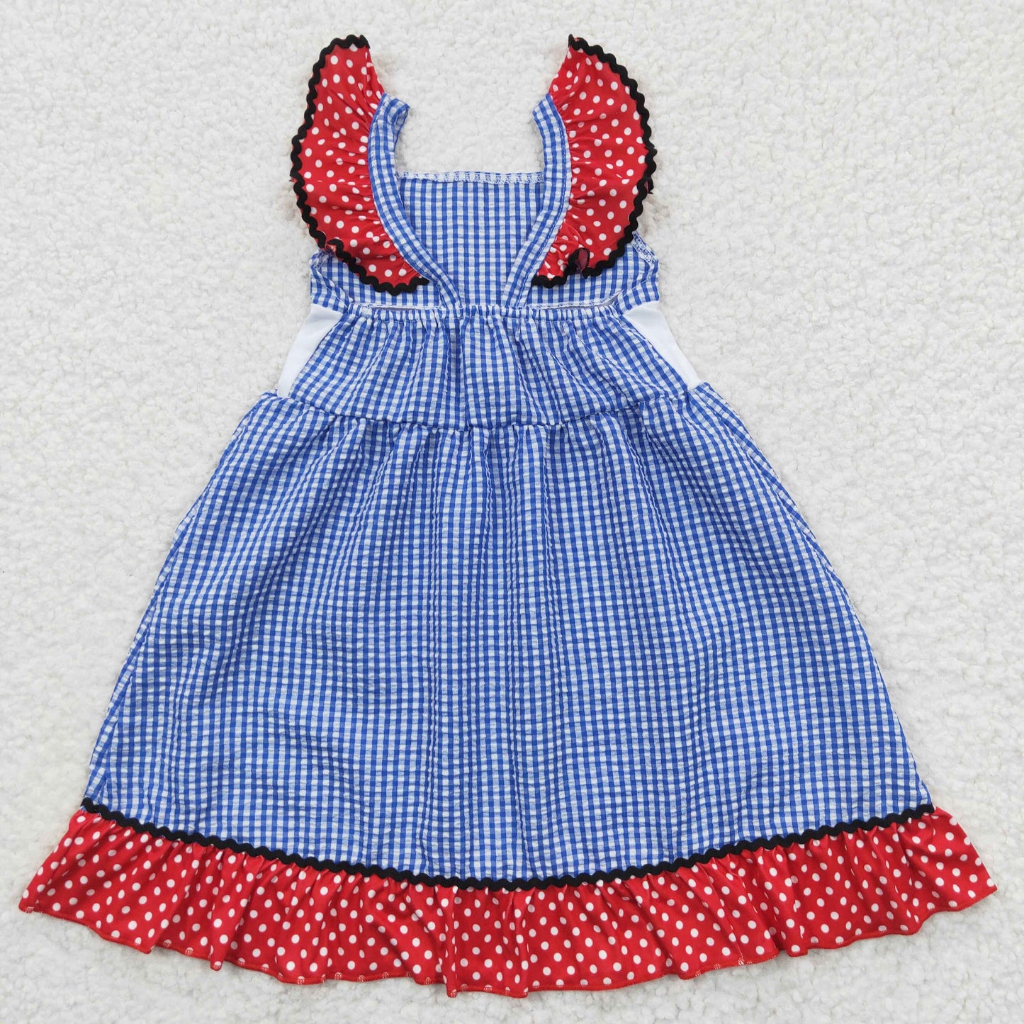 GSD0191 Flag Embroidery Plaid Baby Girls 4th of July Strap Flutter Sleeve Dress