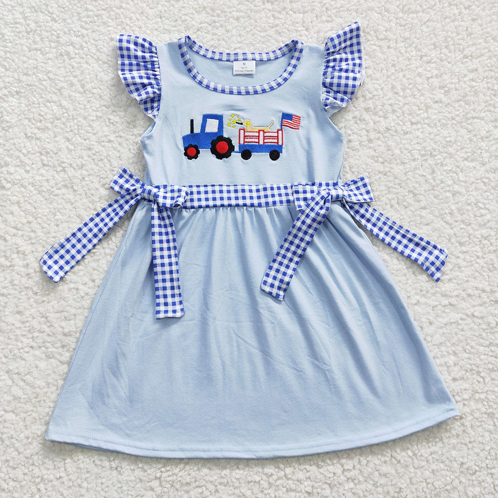 GSD0279 Blue Embroidered Car & Dog Flutter Sleeve Dress with Gingham Ties - Girls