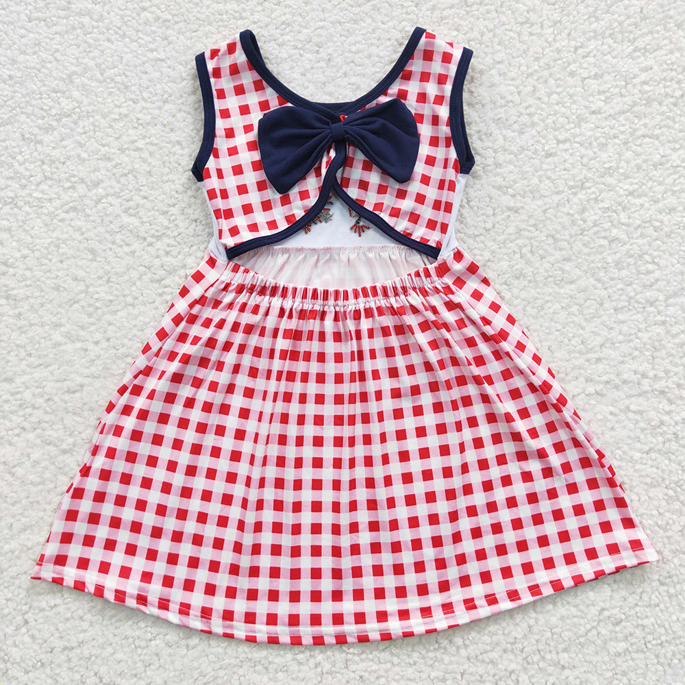 GSD0330 Girls Patriotic Embroidery Fireworks Red Check Sleeveless Dress Backless with Bow