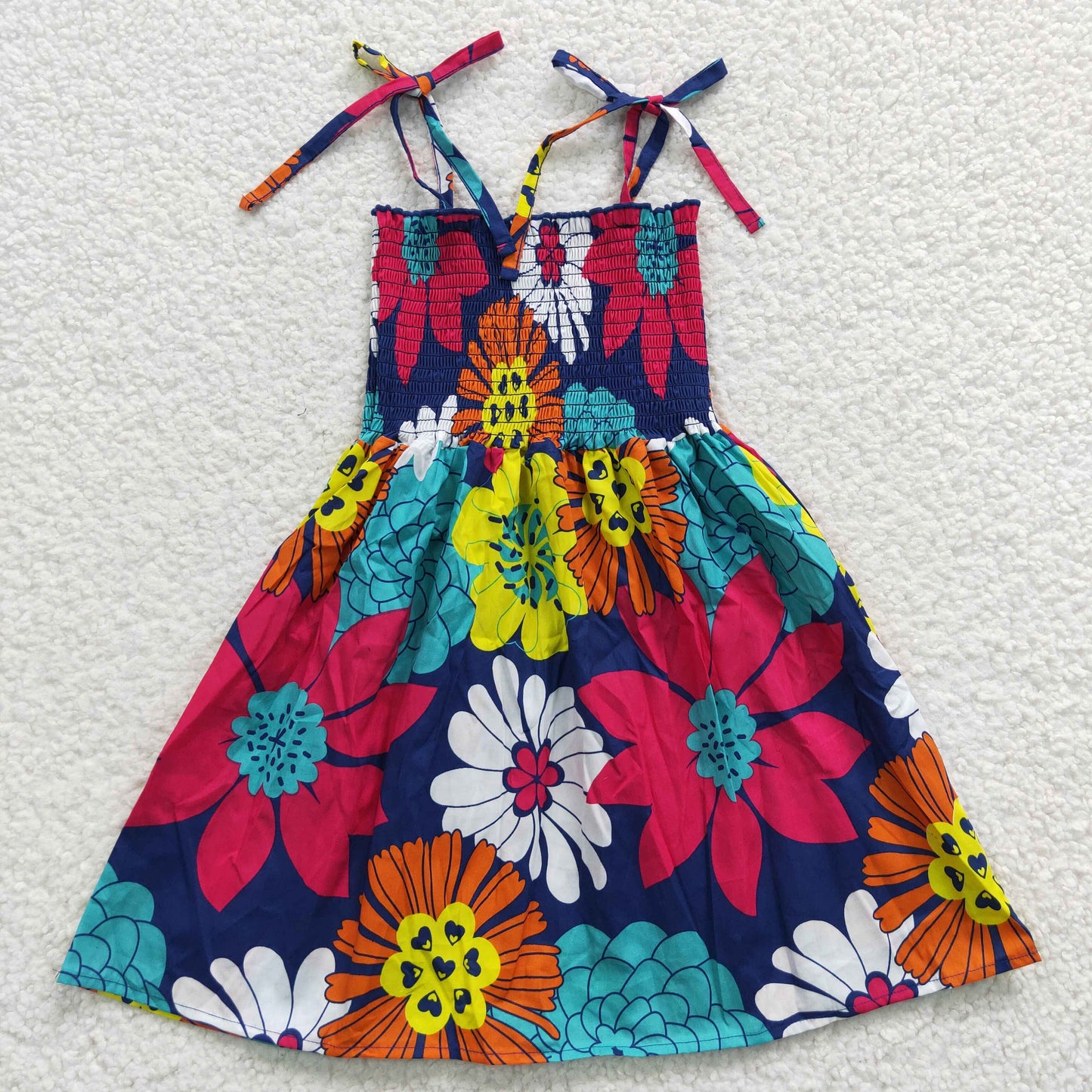(Promotion)GSD0375 Colorful Flowers Print Girls Summer Strap Knee Length Smocked Dress