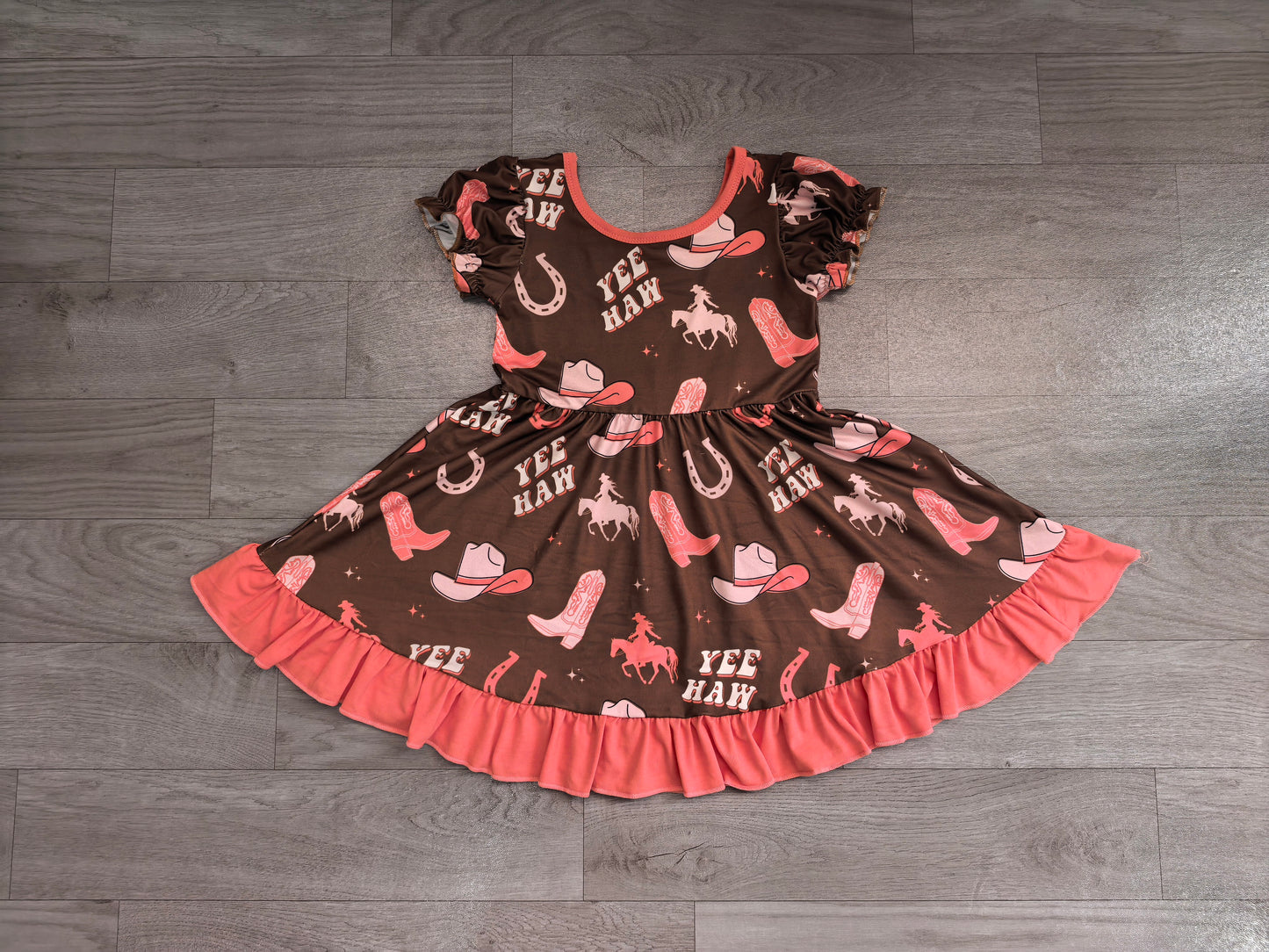 GSD0748 Preorder YEE HAW Cowgirl Hat Boots Print Girls Western Knee Length Dress