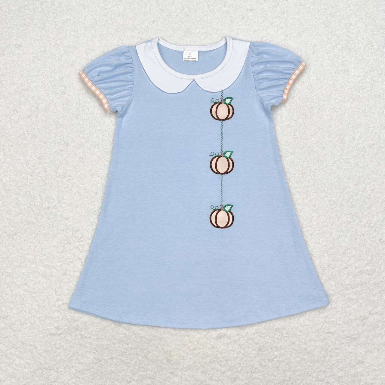 GSD1257 Pumpkin Embroidery Blue Girls Doll Collar Knee Length Dress