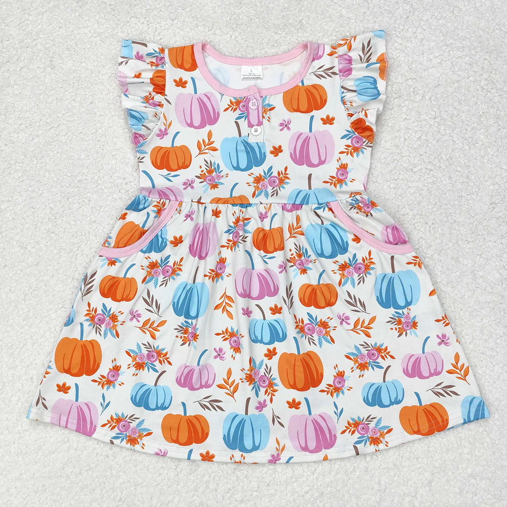 Baby Girls Colorful Pumpkin Knee Length Dress With Pocket