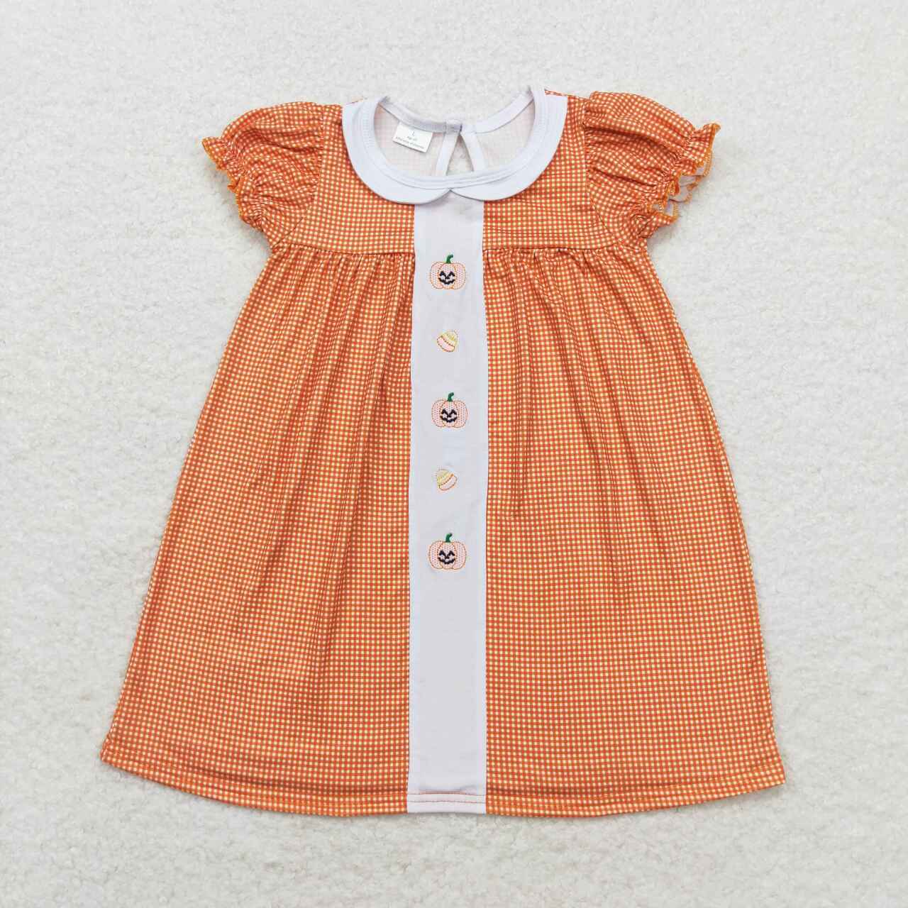 GSD1337 Pumpkin Candy Embroidery Checkered Girls Halloween Knee Length Dress