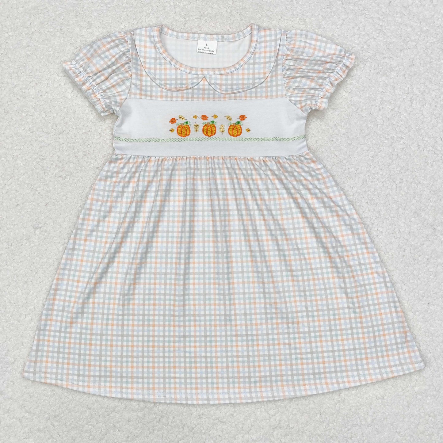 GSD1420 Pumpkin Embroidery Checkered Girls Knee Length Doll Collar Dress