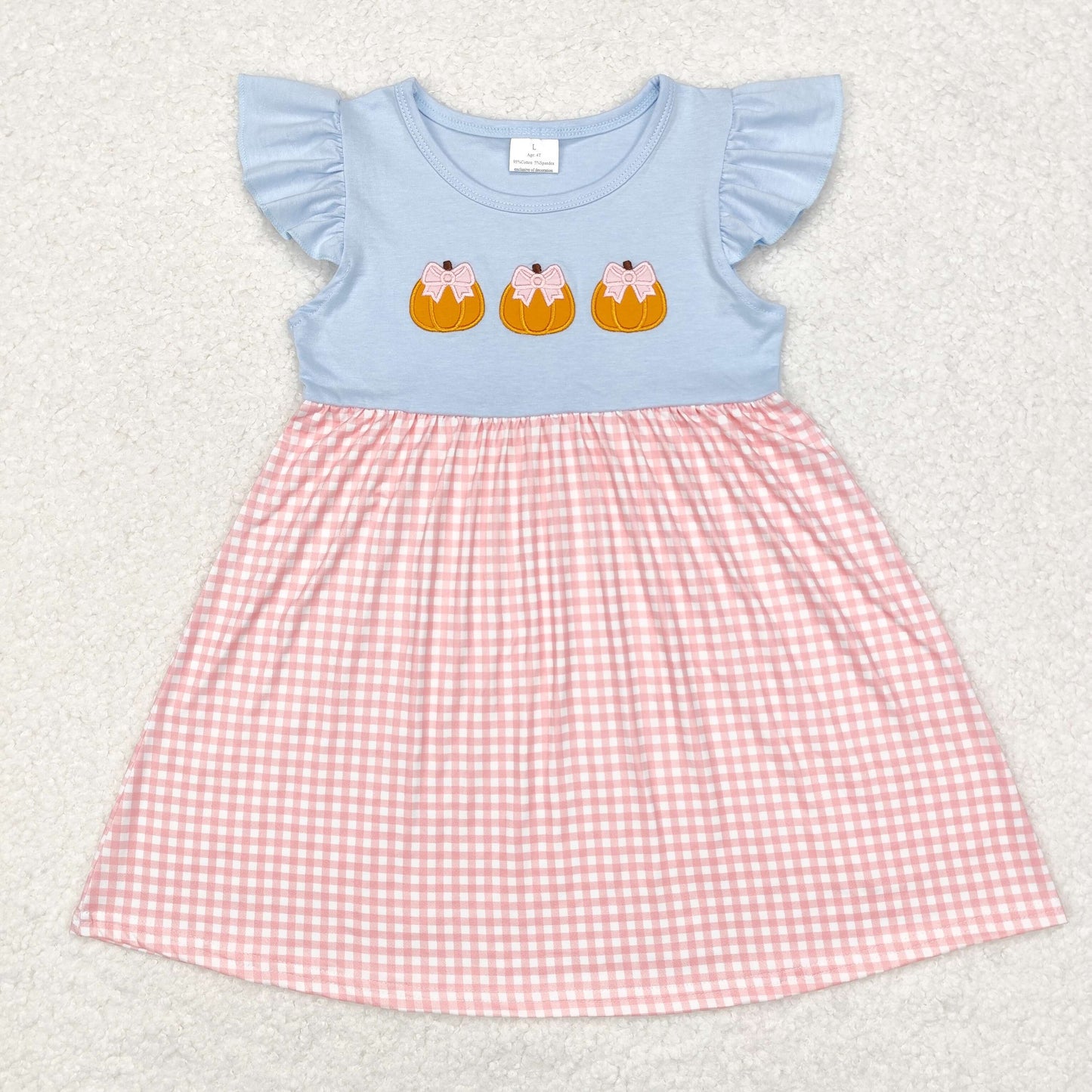 GSD1421 Pumpkin Embroidery Pink Checkered Girls Knee Length Dress