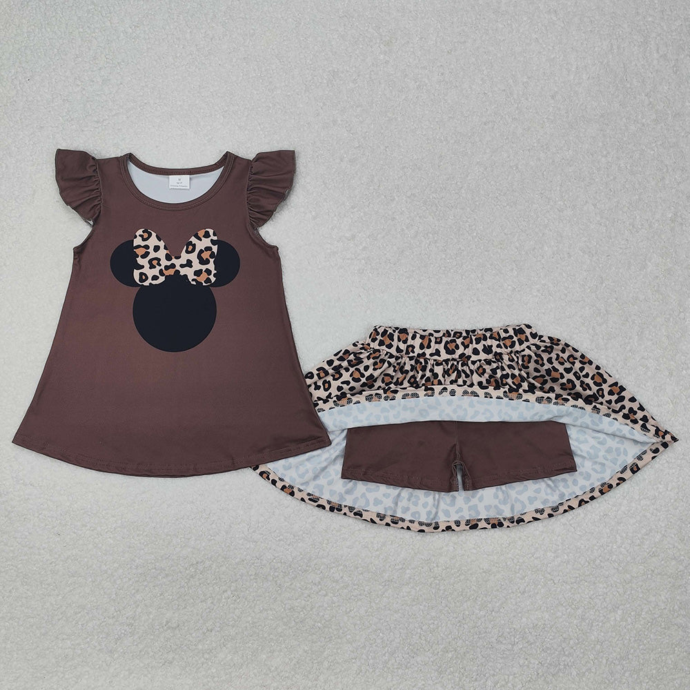 GSD1664 Cartoon Mouse Top Leopard Skirts Shorts Girls Summer Clothes Set