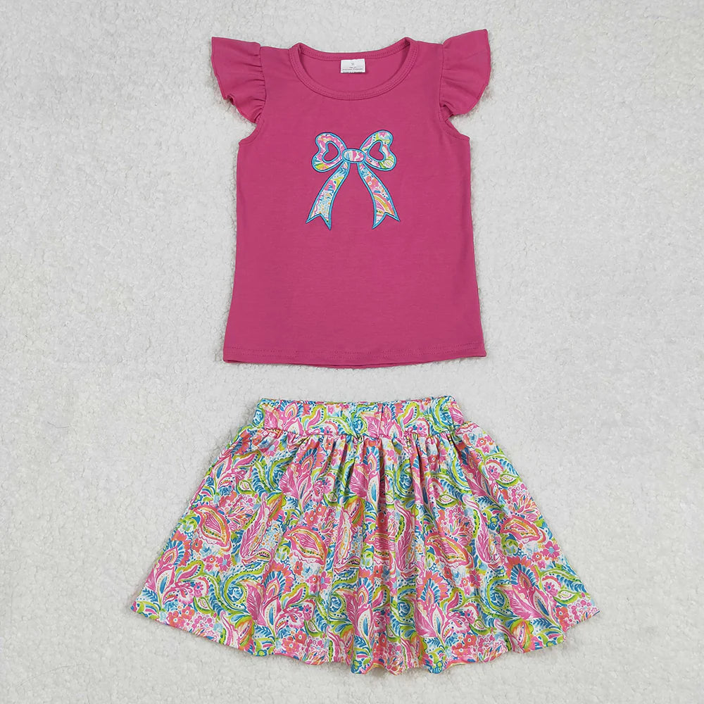 Sibling Embroidery Baby Girls Navy Bow Shirts Shorts Skirt Outfit