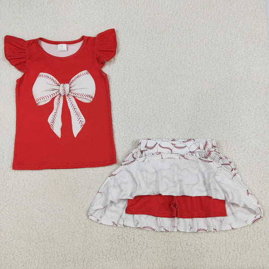 Baby Girls Red Bow Shirt Baseball Skirts Clothes Sets