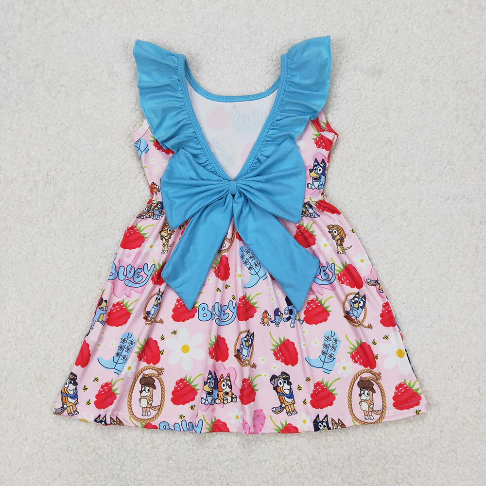 Baby Girls Dogs Strawberry Bows Knee Length Dresses