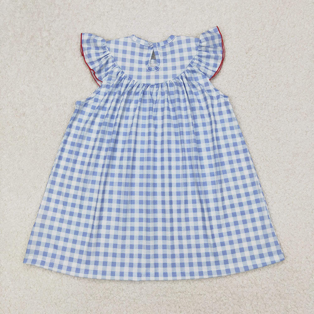 GSD1817 Flag Embroidery Blue Plaid Girls 4th of July Smocked Dress