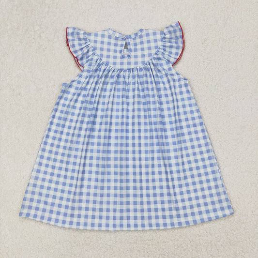 GSD1817 Flag Embroidery Blue Plaid Girls 4th of July Smocked Dress