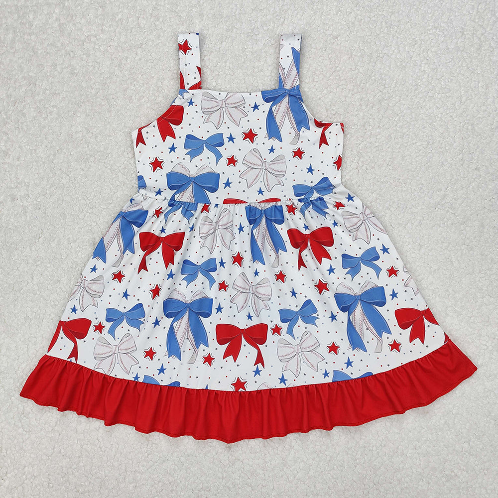 GSD1866 Stars Bows Print Girls 4th of July Knee Length Strap Dress