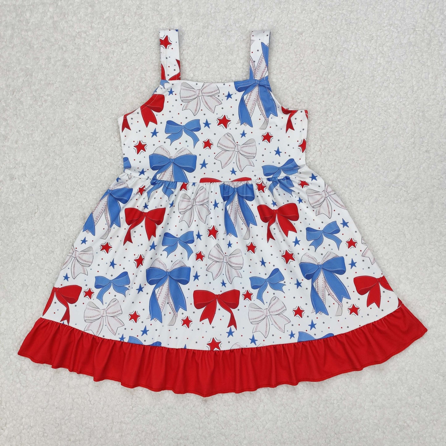 Sibling Baby Girls Strap Bows Cows 4th of July Western Ruffle Knee Length Dresses