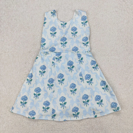Sibling Baby Girls Blue Flowers Bows Yoga Summer Outfits