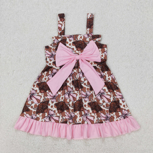 Sibling Baby Girls Strap Bows Cows 4th of July Western Ruffle Knee Length Dresses