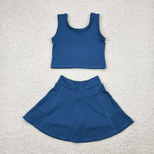 Girls Dark Blue Tank & Skort Set - Kids Solid Color Active Outfit