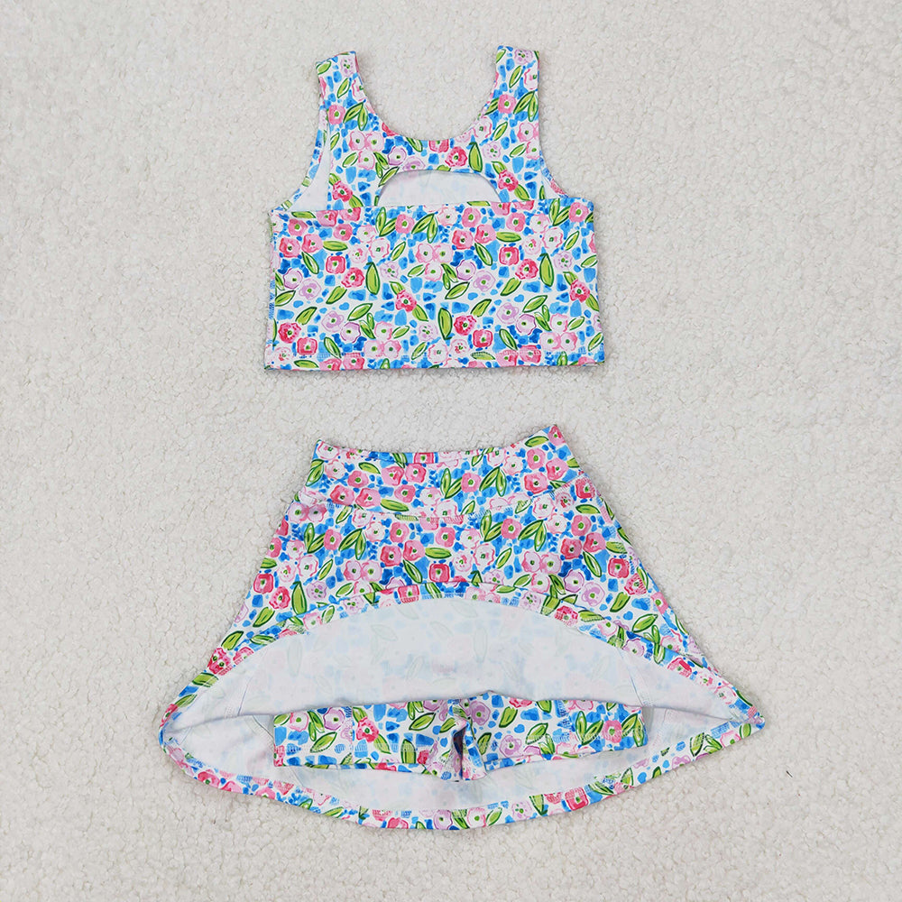 GSD1988 Small Pink Blue Flowers Tank Top Skirts Shorts Girls Yoga Clothes Set