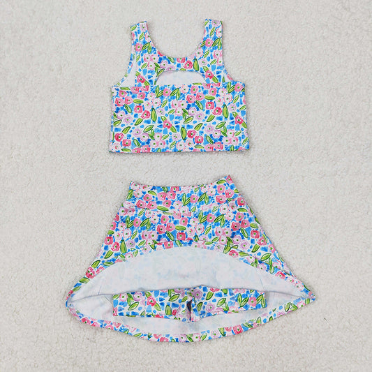 GSD1988 Small Pink Blue Flowers Tank Top Skirts Shorts Girls Yoga Clothes Set