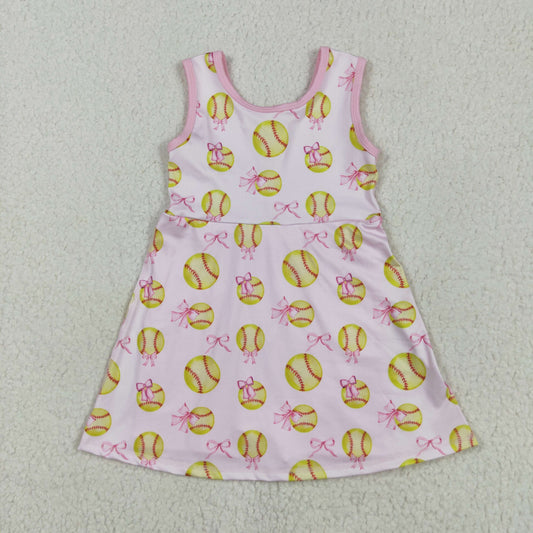 Sibling Baby Girls Softballs Baseballs Bows Yoga Active Short Team Knee Length Dresses
