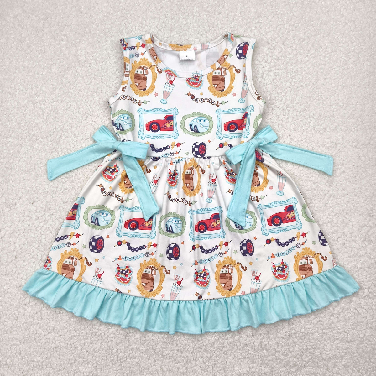 GSD2061 Cartoon Cat Print Girls Sleeveless Knee Length Ruffle Dress
