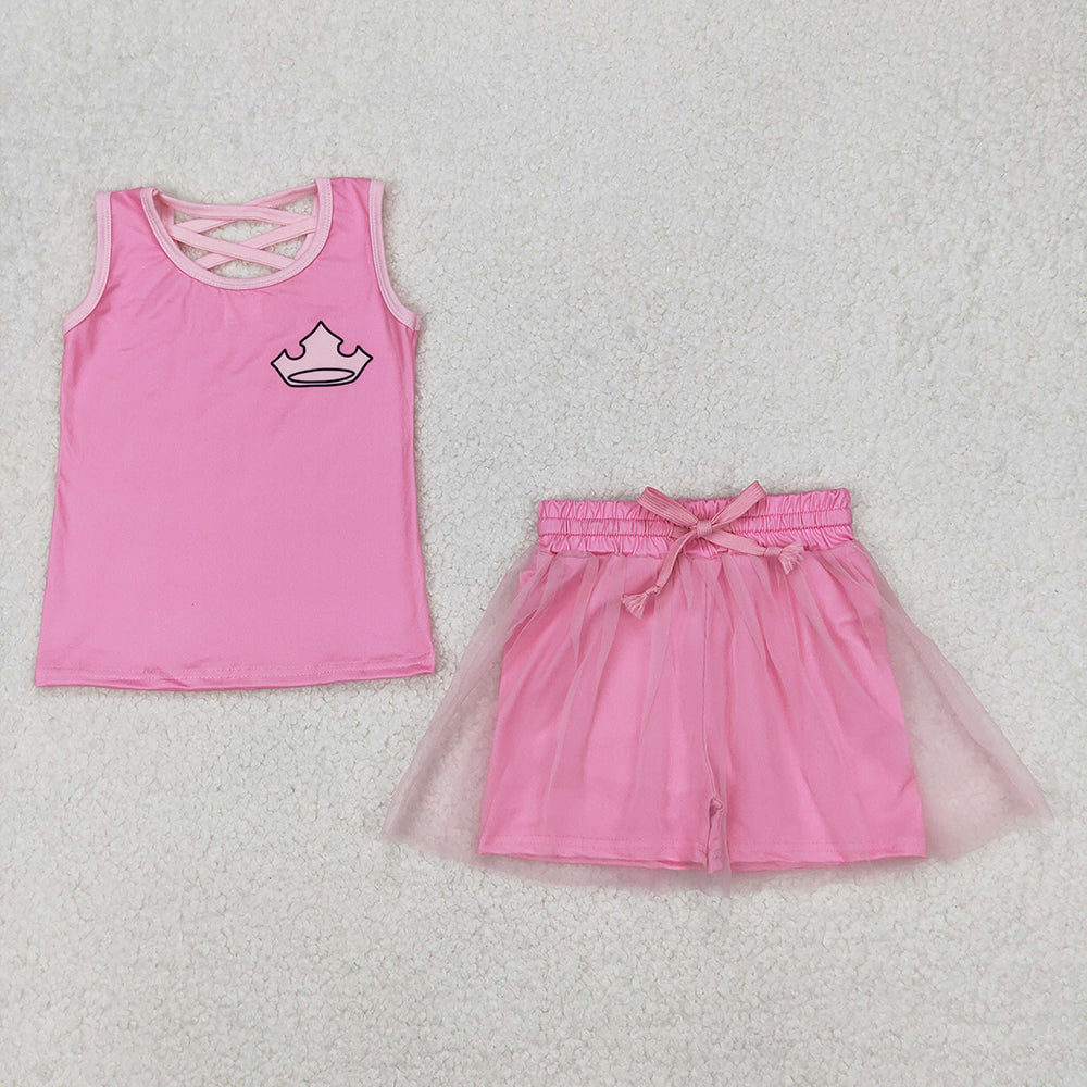 GSD2066 Crown Pink Print Vest Top Tulle Skirts Shorts Girls Summer Cartoon Princess Clothes Set