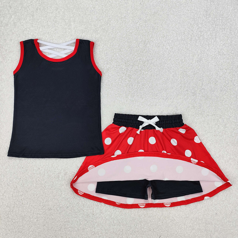 GSD2069 Bow Black Print Vest Top Dots Skirts Shorts Girls Summer Cartoon Mouse Clothes Set