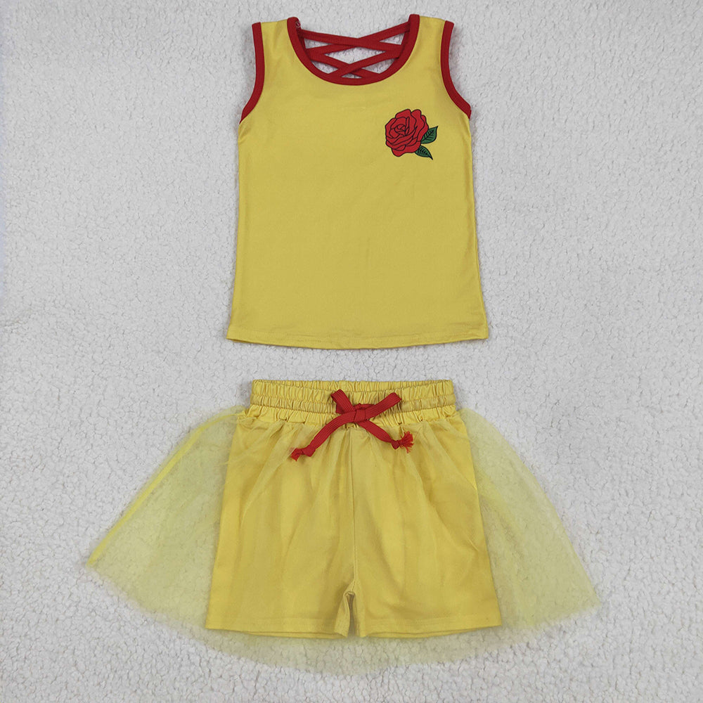 GSD2070 Rose Yellow Print Vest Top Tulle Skirts Shorts Girls Summer Cartoon Princess Clothes Set