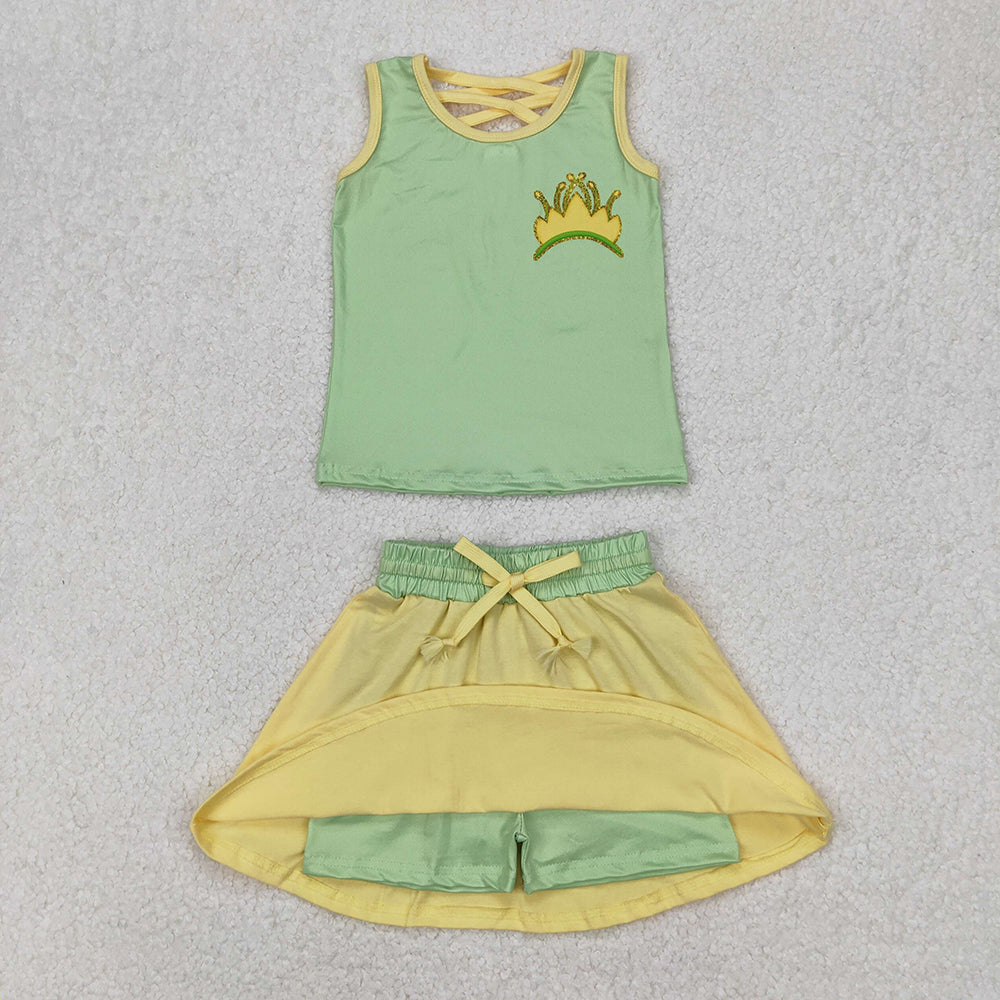 GSD2071 Crown Green Print Vest Top Yellow Skirts Shorts Girls Summer Cartoon Princess Clothes Set