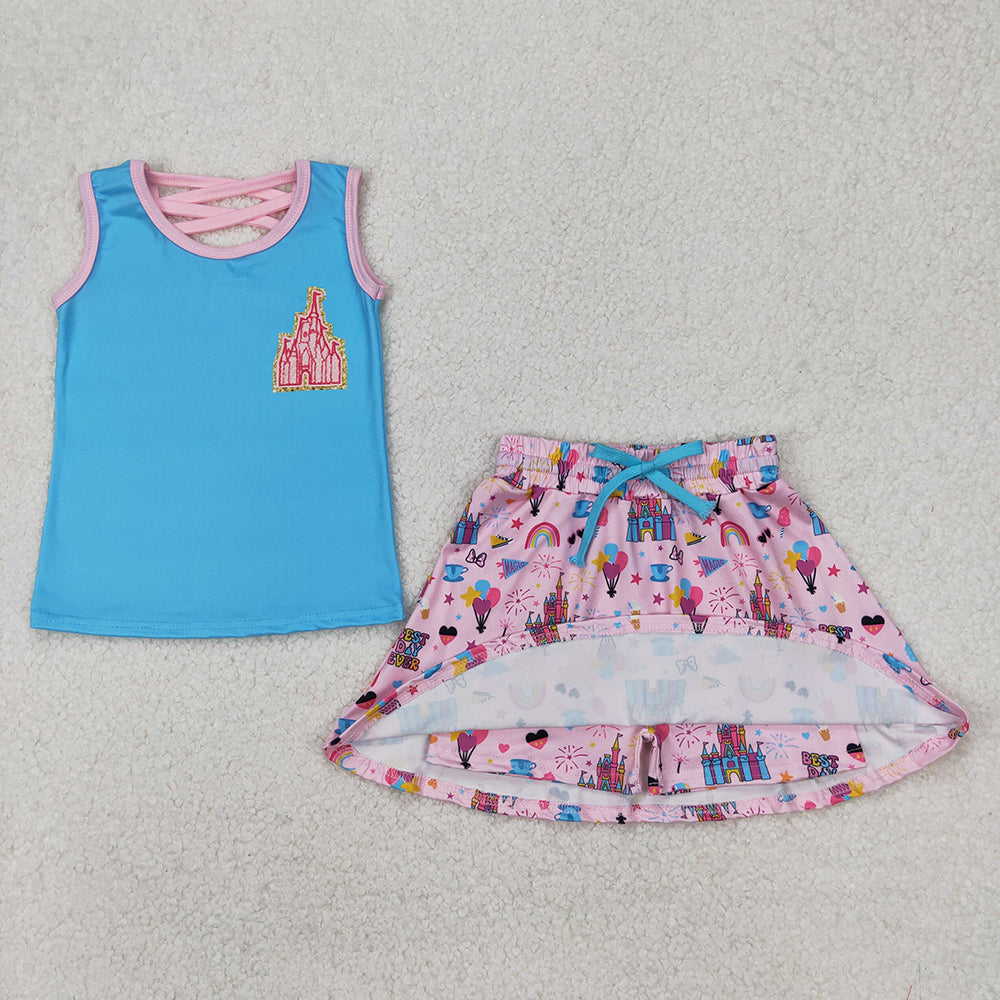 GSD2072 Castle Blue Print Vest Top Skirts Shorts Girls Summer Cartoon Princess Clothes Set