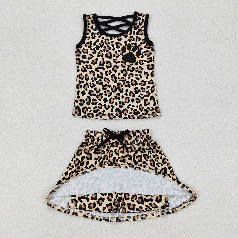 GSD2077 Paw Leopard Print Vest Top Skirts Shorts Girls Summer Clothes Set