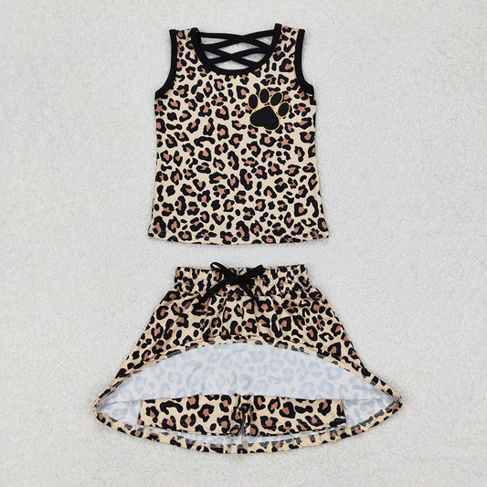 GSD2077 Paw Leopard Print Vest Top Skirts Shorts Girls Summer Clothes Set