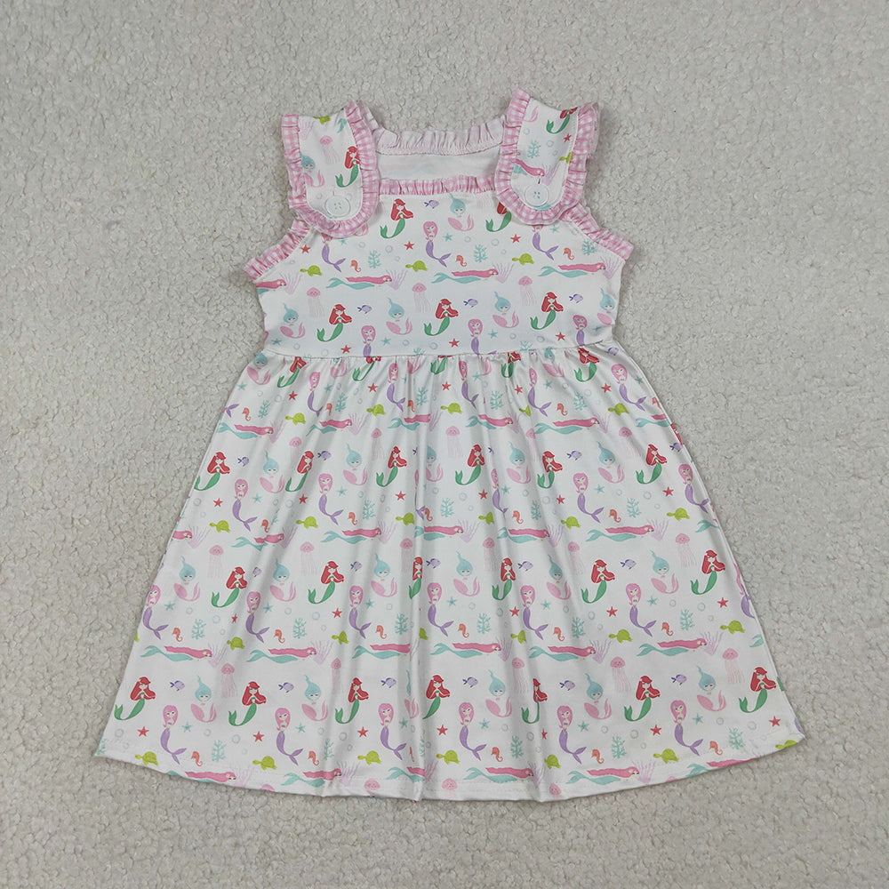 GSD2142 Mermaid Print Girls Ruffle Sleeveless Knee Length Dress