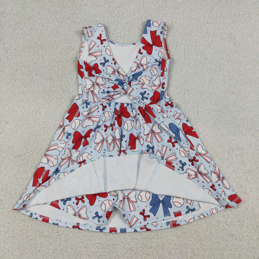 GSD2150 Girls Baseball Bows Print 4th of July Knee Length Yoga Dress